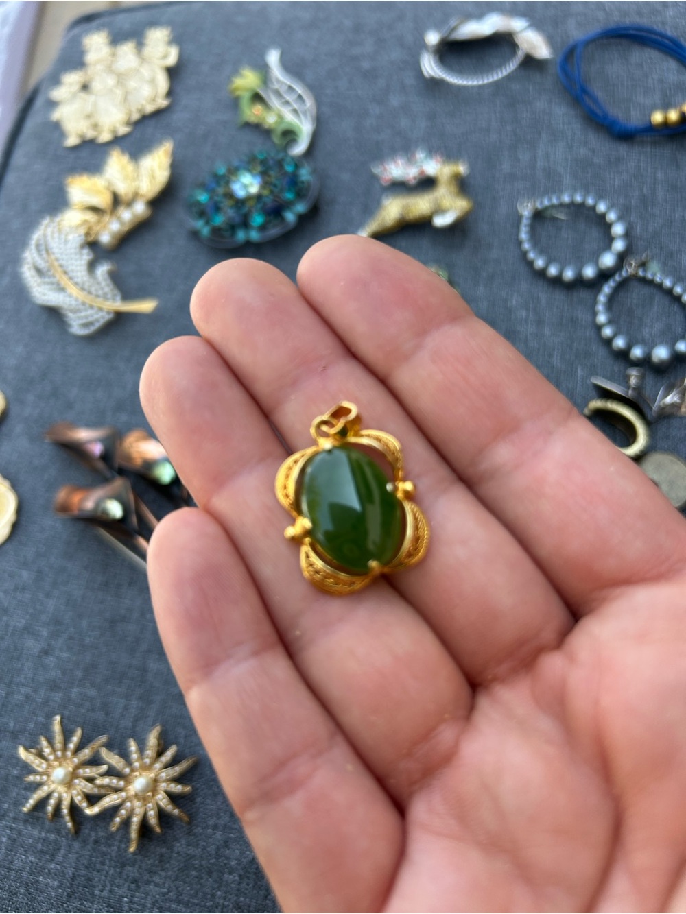 Gold Tone Green Stone Pendant - Women Jewelry
